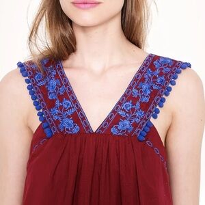 J. Crew Burgundy Top with Blue Embroidery